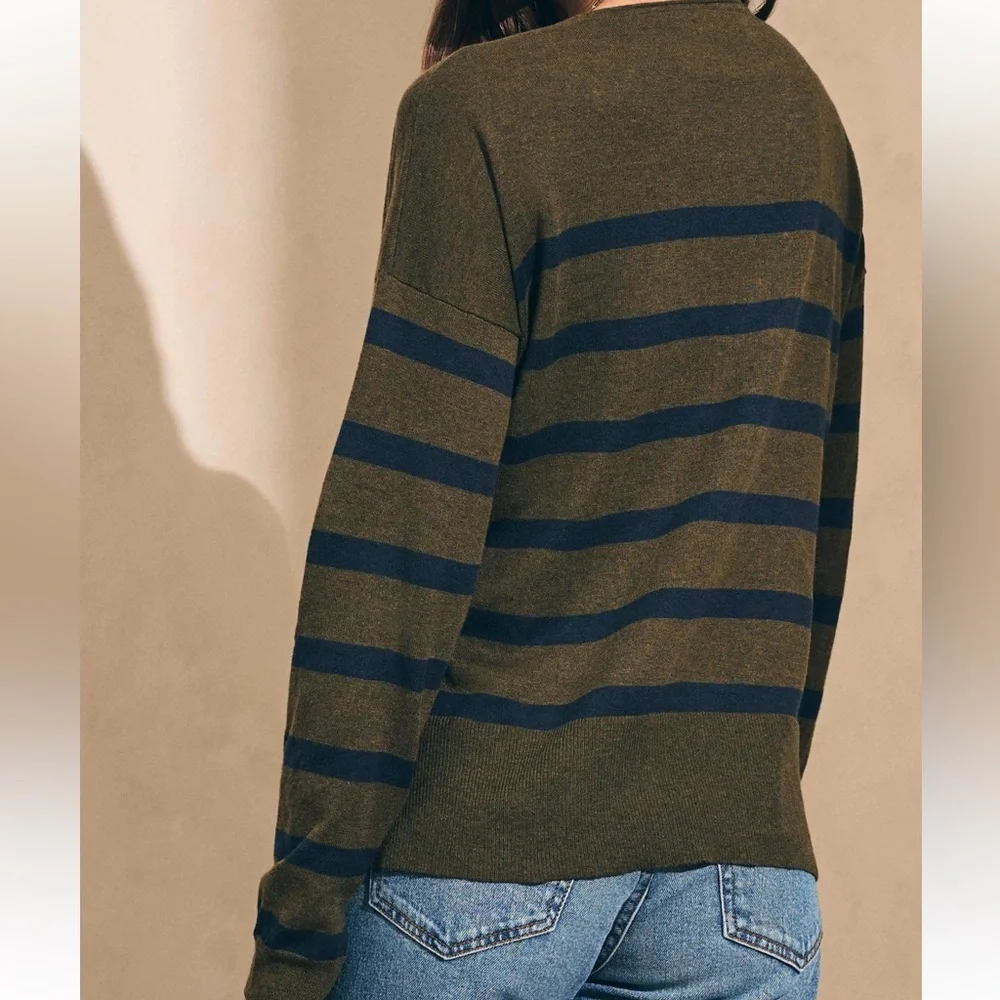 Faherty Golden Hour Crewneck Sweater in Olive Green & Navy Striped